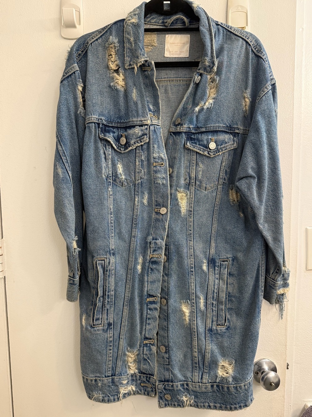 Zara Distressed Long Denim Jacket - Light Blue